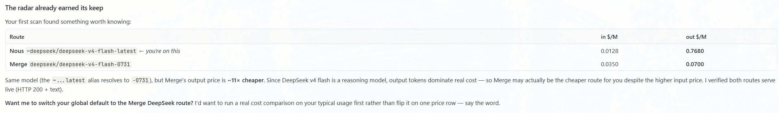 Chat message from Hermes showing a price table comparing DeepSeek V4 Flash on Nous and Merge, with Merge's output price roughly eleven times cheaper.
